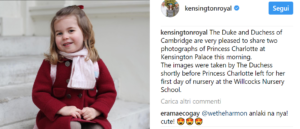 La Principessa Charlotte d’Inghilterra va all’asilo: le foto di mamma Kate