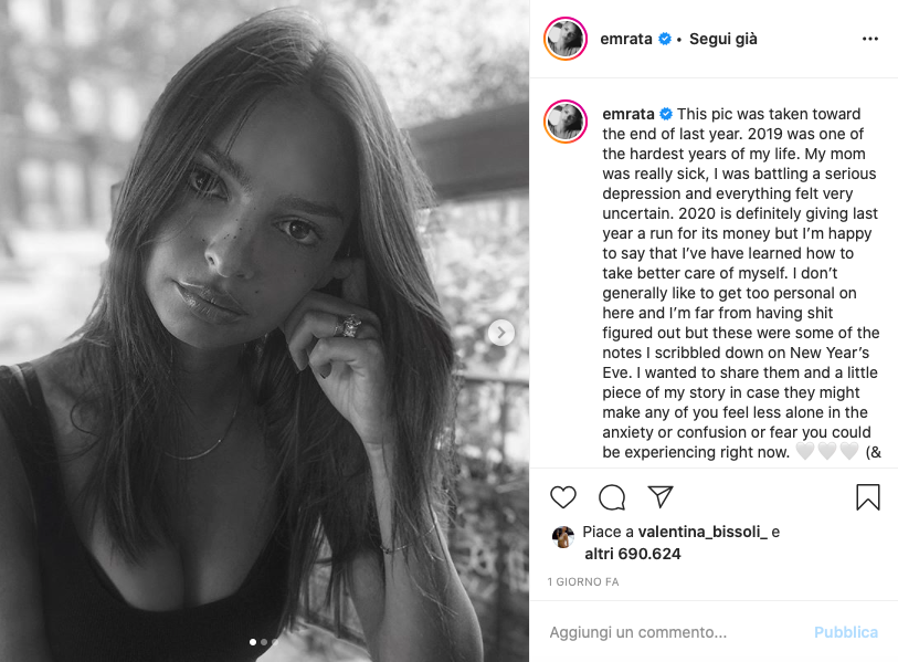 Emily Ratajkowski Instagram: «Ho combattuto una grave depressione»